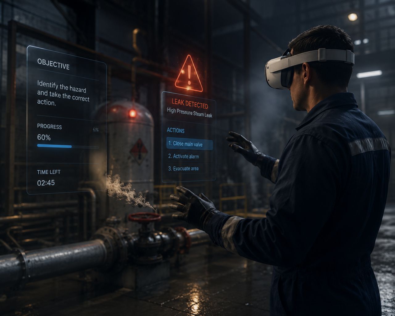 Opératrice industrielle dans un scénario d’inspection en réalité virtuelle