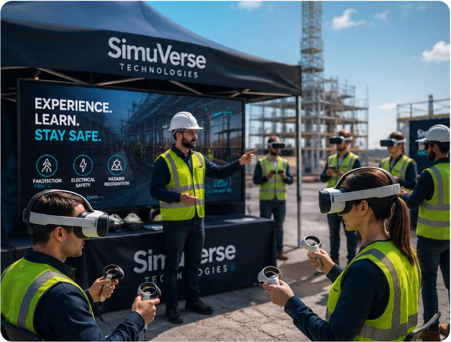 Événement sécurité sur site avec un formateur et des participants en réalité virtuelle